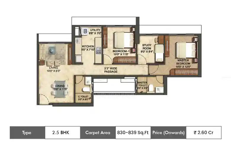 Runwal Sanctuary Floorplan 2.5 BHK-830-839 SqFt