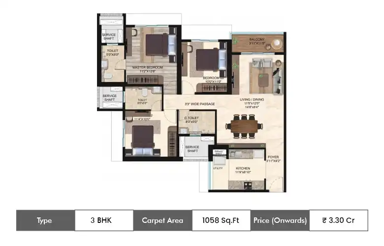 Runwal Sanctuary Floorplan 3 BHK-1058 SqFt